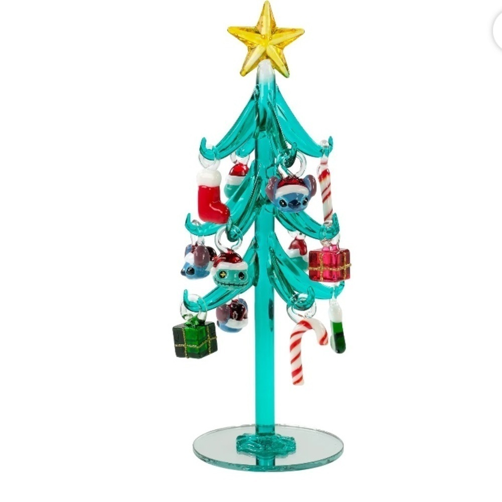 Disney Stitch Glass Tabletop Tree NEW Blue Christmas Decoration W/ Ornaments